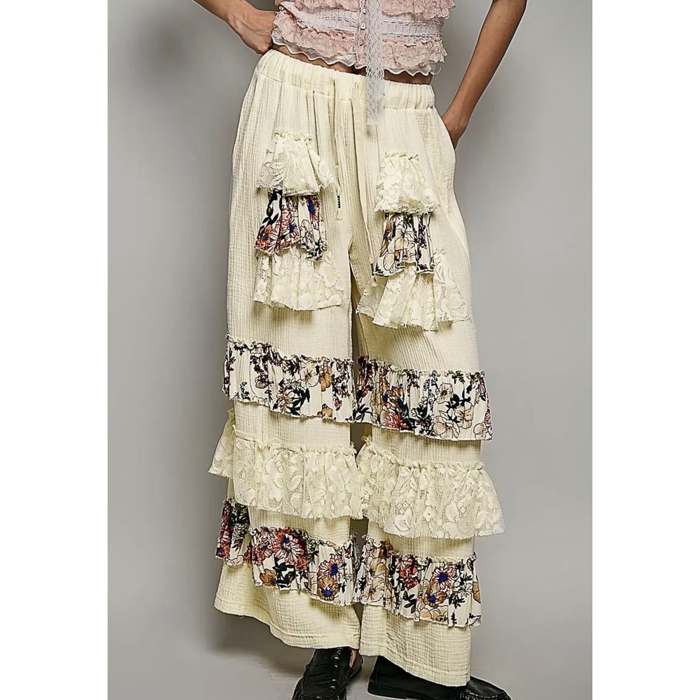 193. New POL Double Gauze Lace Ruffle Wide Leg Pants Floral Elastic Waist Boho - Picture 2 of 3